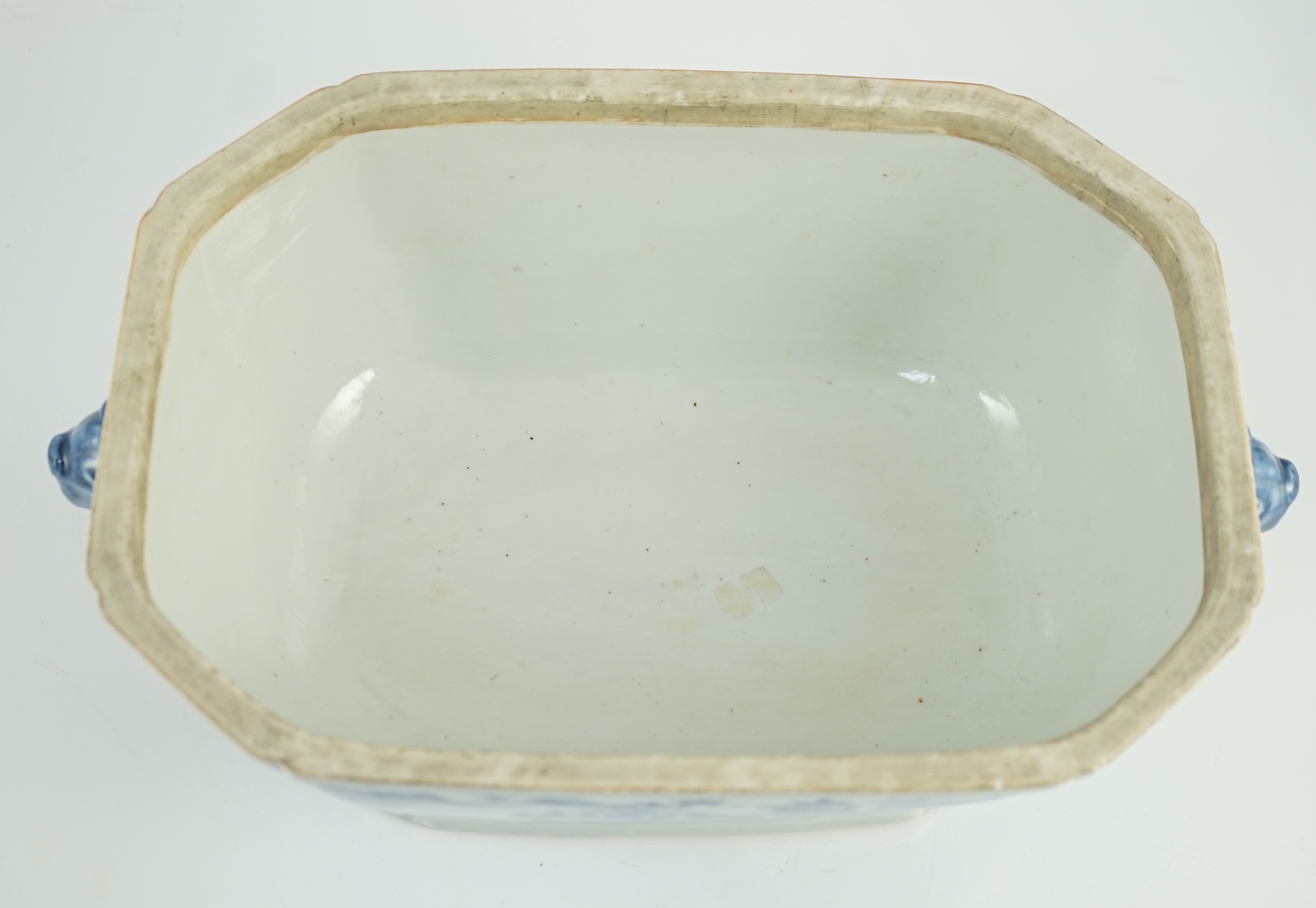 A Chinese blue and white tureen and cover, Qianlong period, 35.5cm wide, one handle re-attached